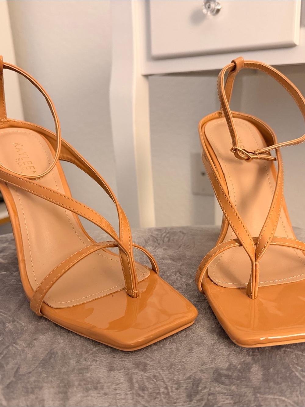 KAYLEEN By Los Angeles Patent Strappy Heels in Tan